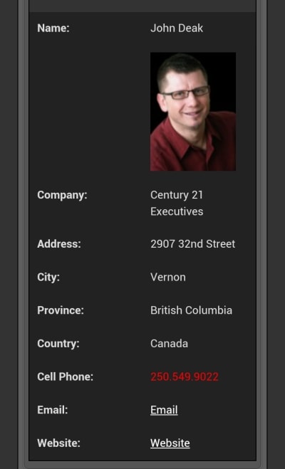 Contact screen in Street Text link includes live phone number and web site links.