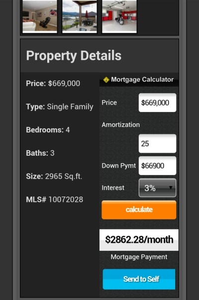 Details screen in the Street Text link includes a mortgage calculator.