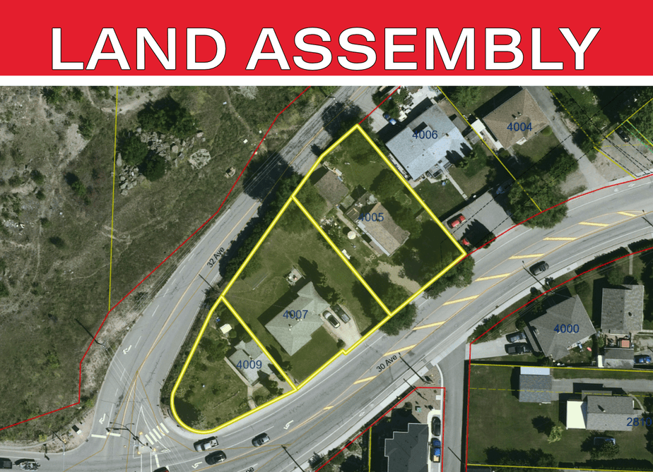 Land assembly for sale just outside the downtown core at 4005 - 4009 30 Avenue, Vernon BC. The three properties cover a total of 0.647 easy to access property with multi-unit development potential. Listing price is the combined price to buy all three lots. 2 listed by John Deak of Royal LePage Downtown Realty, 1 listed by Cameron Manning and Darla Cooper at Sage Executive Group Real Estate.