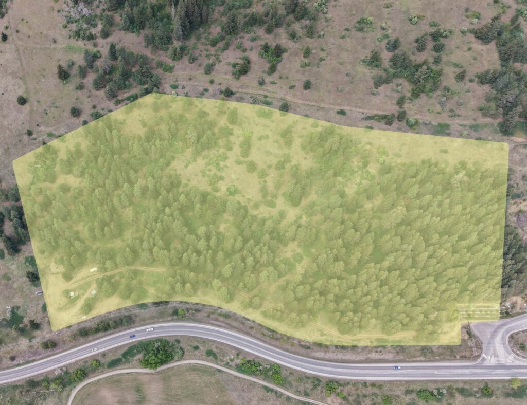Map polygon overlaid on drone photo of 1600 Mountain View Avenue, Lumby BC