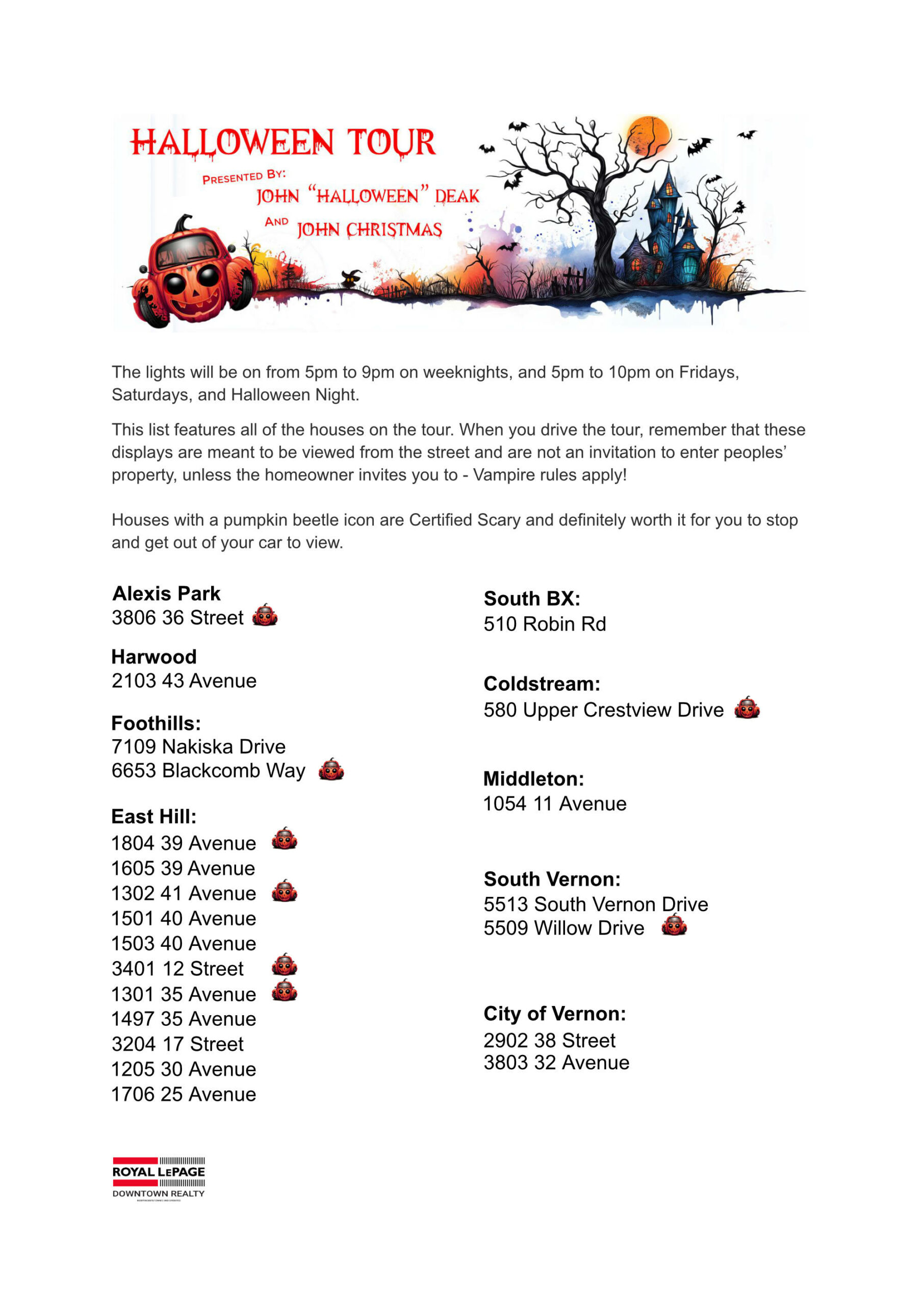 vernon halloween tour 2026 list